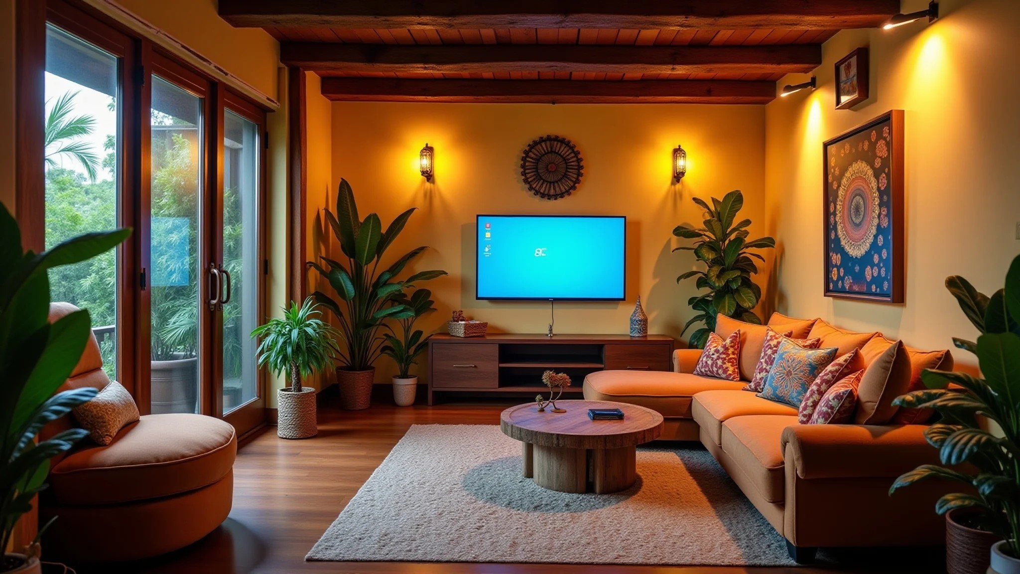 Sala de TV aconchegante com sofá confortável, iluminação quente e decoração vibrante.