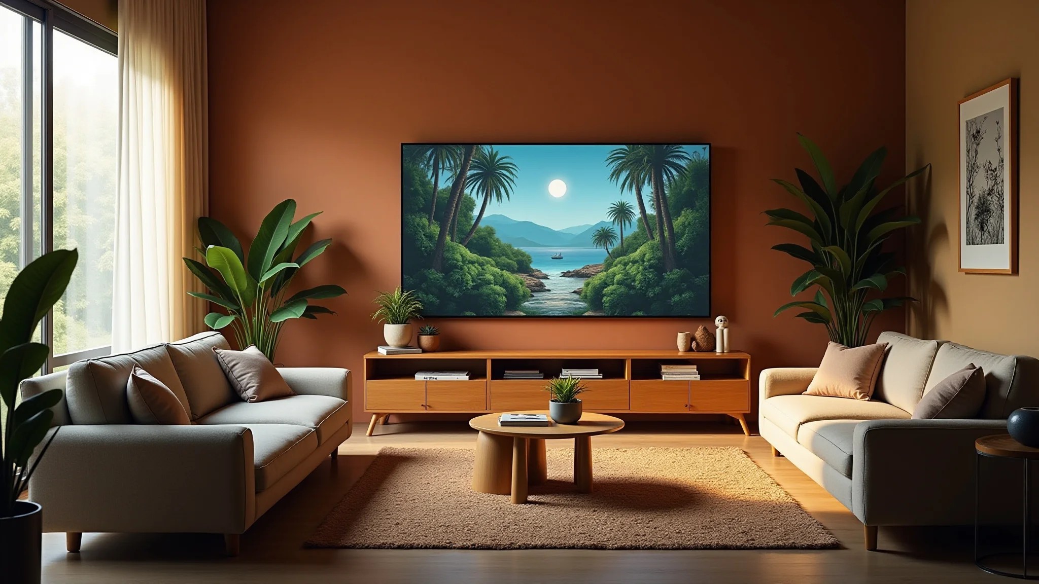 Sala de TV aconchegante com sofá confortável, iluminação quente e decoração brasileira.