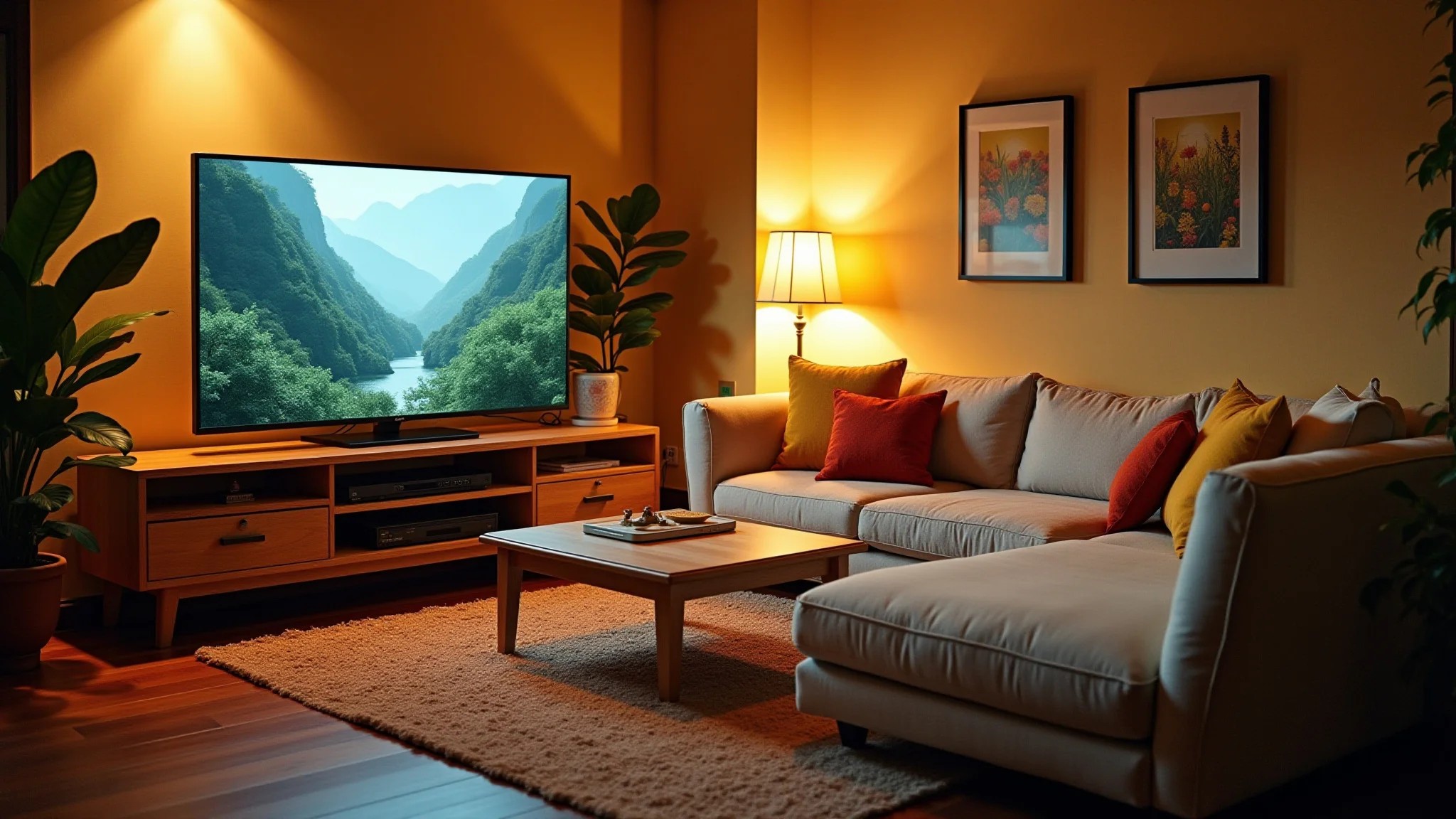 Sala de TV aconchegante com sofá confortável, almofadas coloridas e iluminação quente.