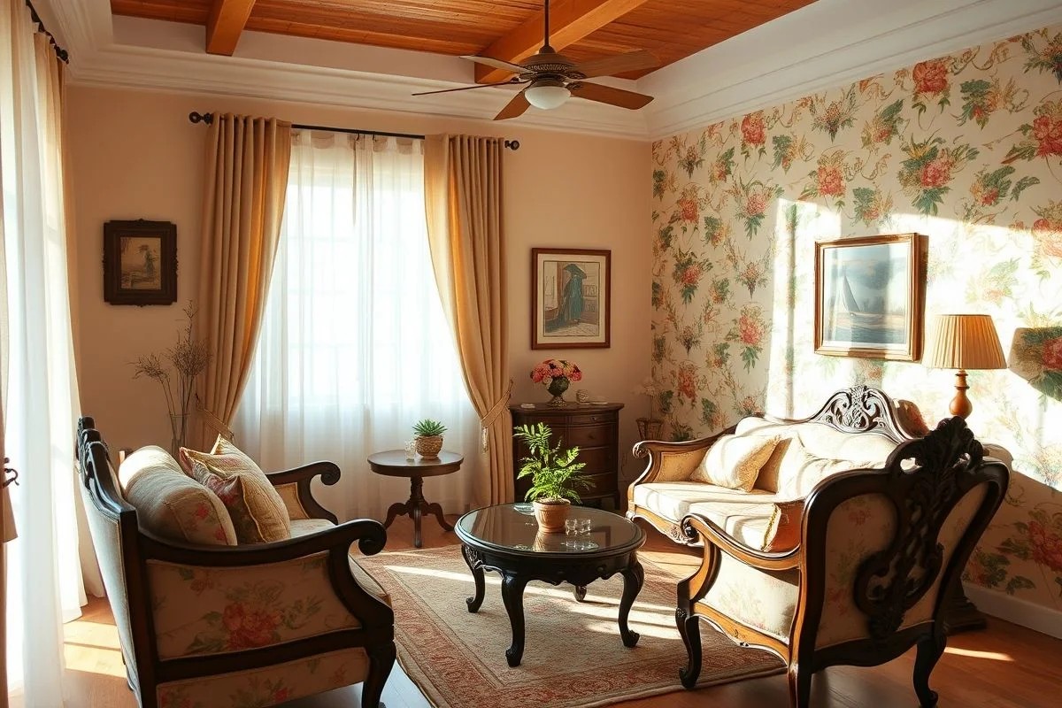 Sala de estar vintage brasileira com móveis antigos e luz suave