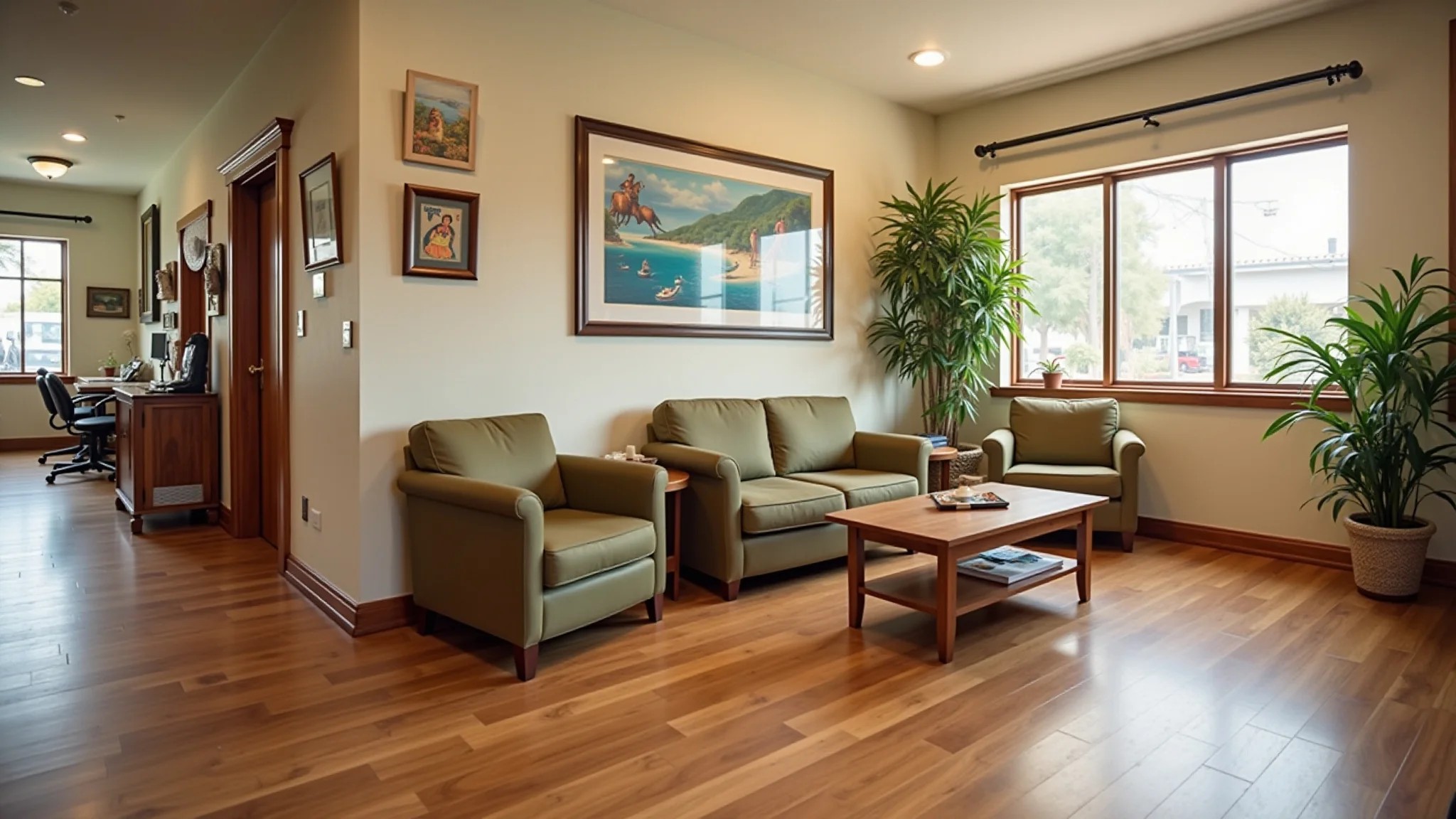 Sala de espera aconchegante com piso laminado e poltronas confortáveis.