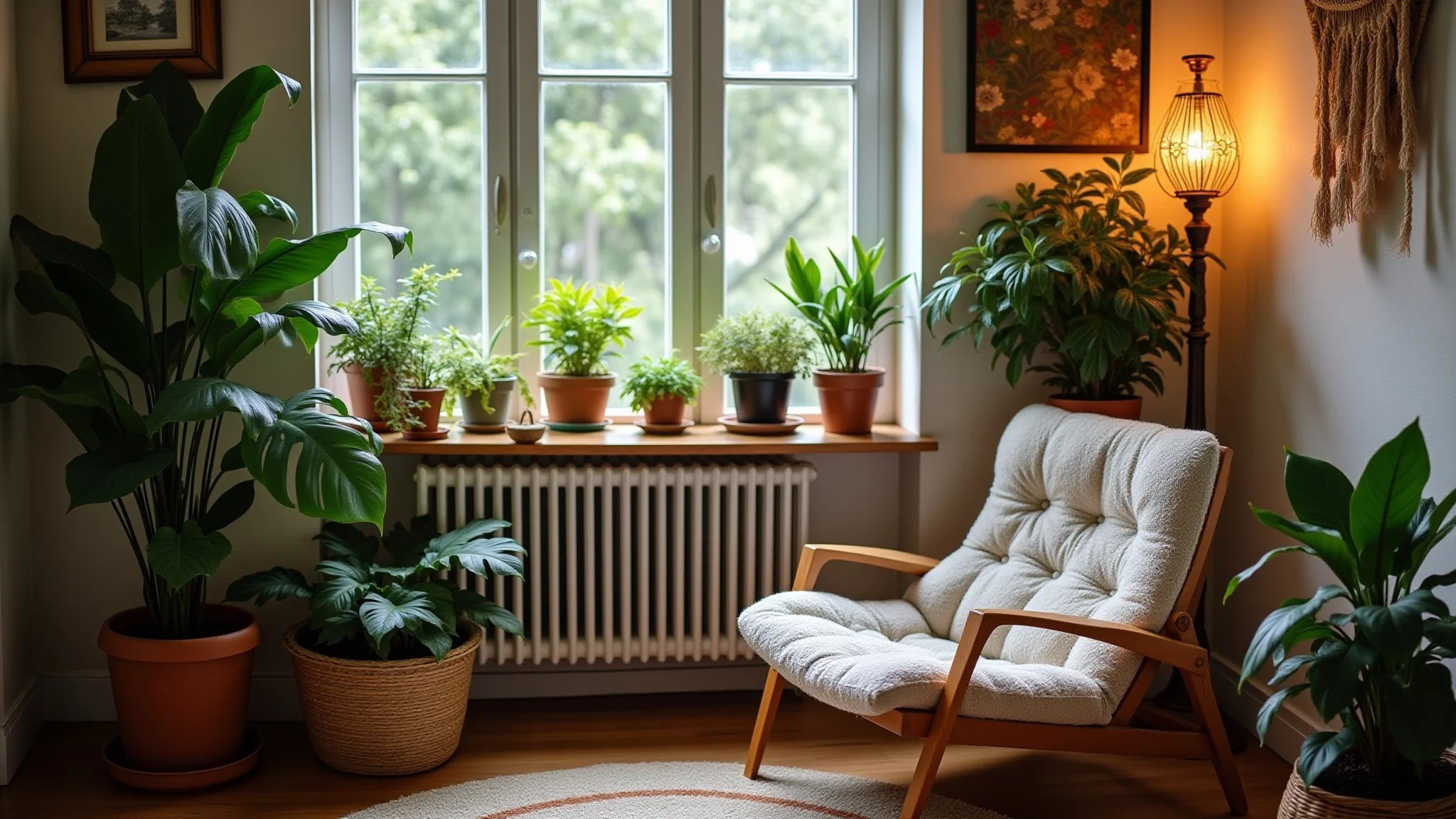 Canto aconchegante de jardim de inverno com cadeira confortável e plantas variadas.