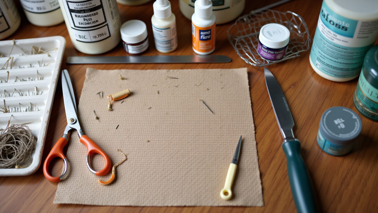 Ferramentas essenciais para artesanato: tesoura, agulha, cola e materiais de pintura.