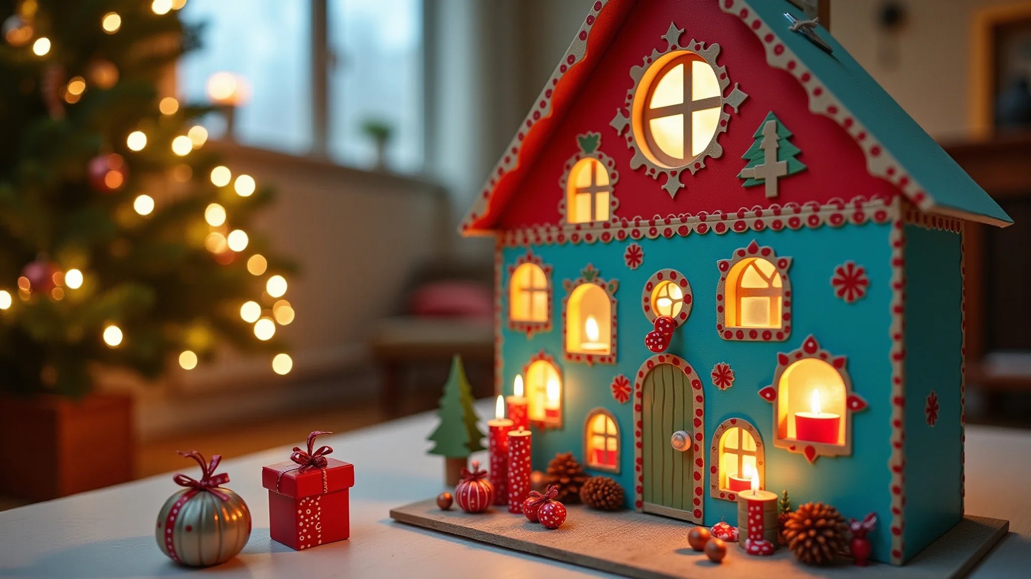 Calendário do advento criativo feito com materiais reciclados.