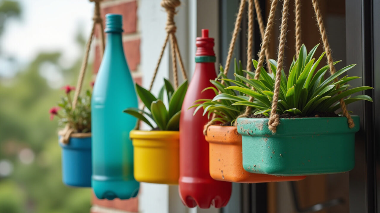 Jardim suspenso criativo com garrafas PET recicladas em varanda colorida.