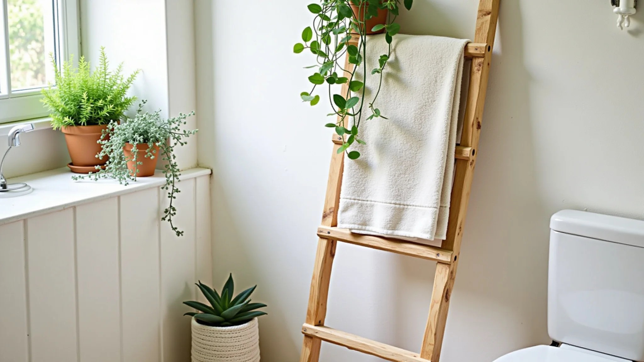 Decoração criativa de banheiro com escada reaproveitada como porta-toalhas.