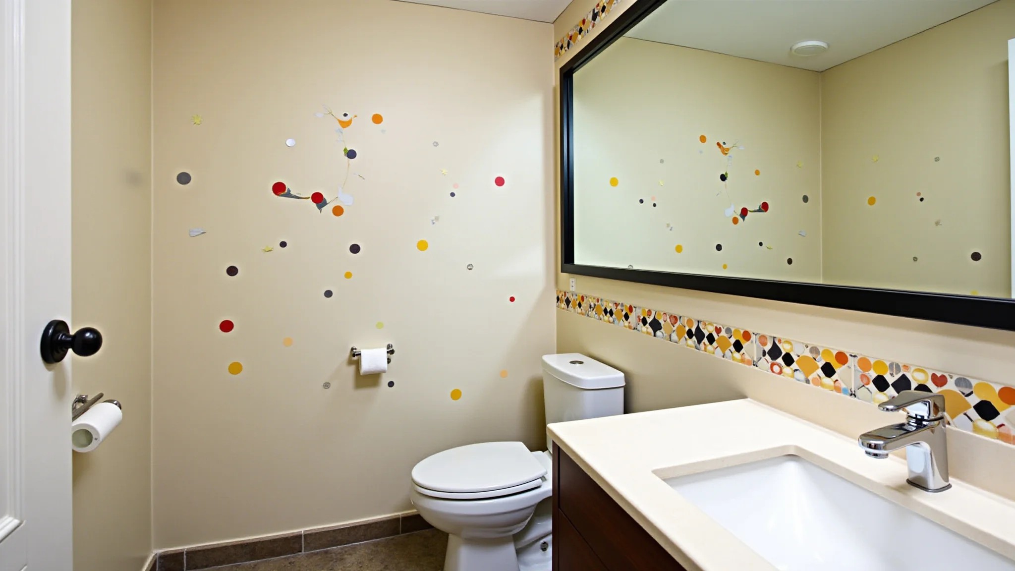 Banheiro criativo com formas geométricas aleatórias na parede, design colorido e original.