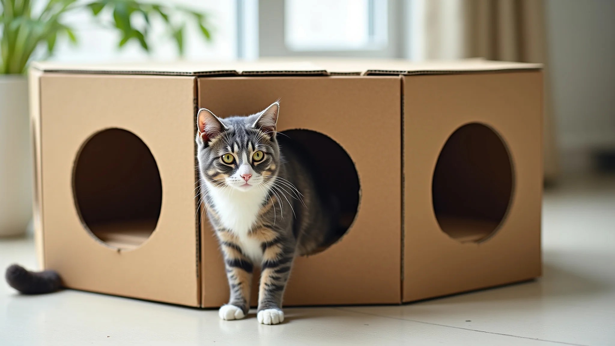 Casa de gato de papelão criativa com design divertido e aconchegante.