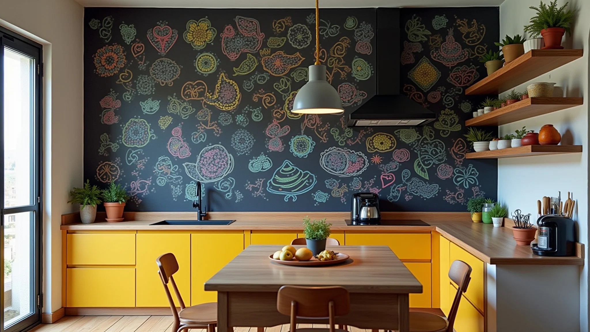 Desenhos coloridos em parede de lousa numa cozinha criativa e moderna.