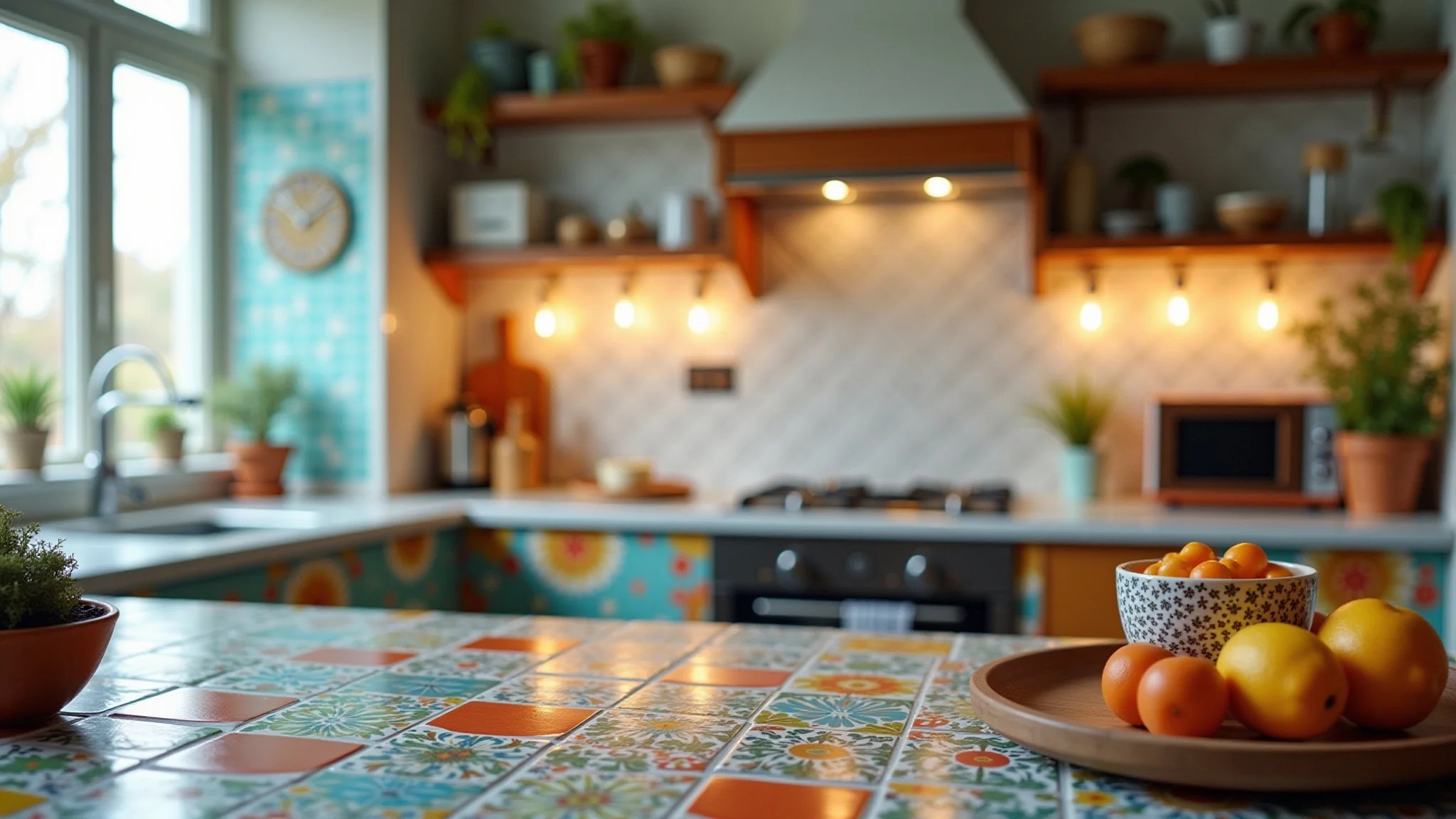 Cozinha criativa com bancada de azulejos coloridos e design eclético.