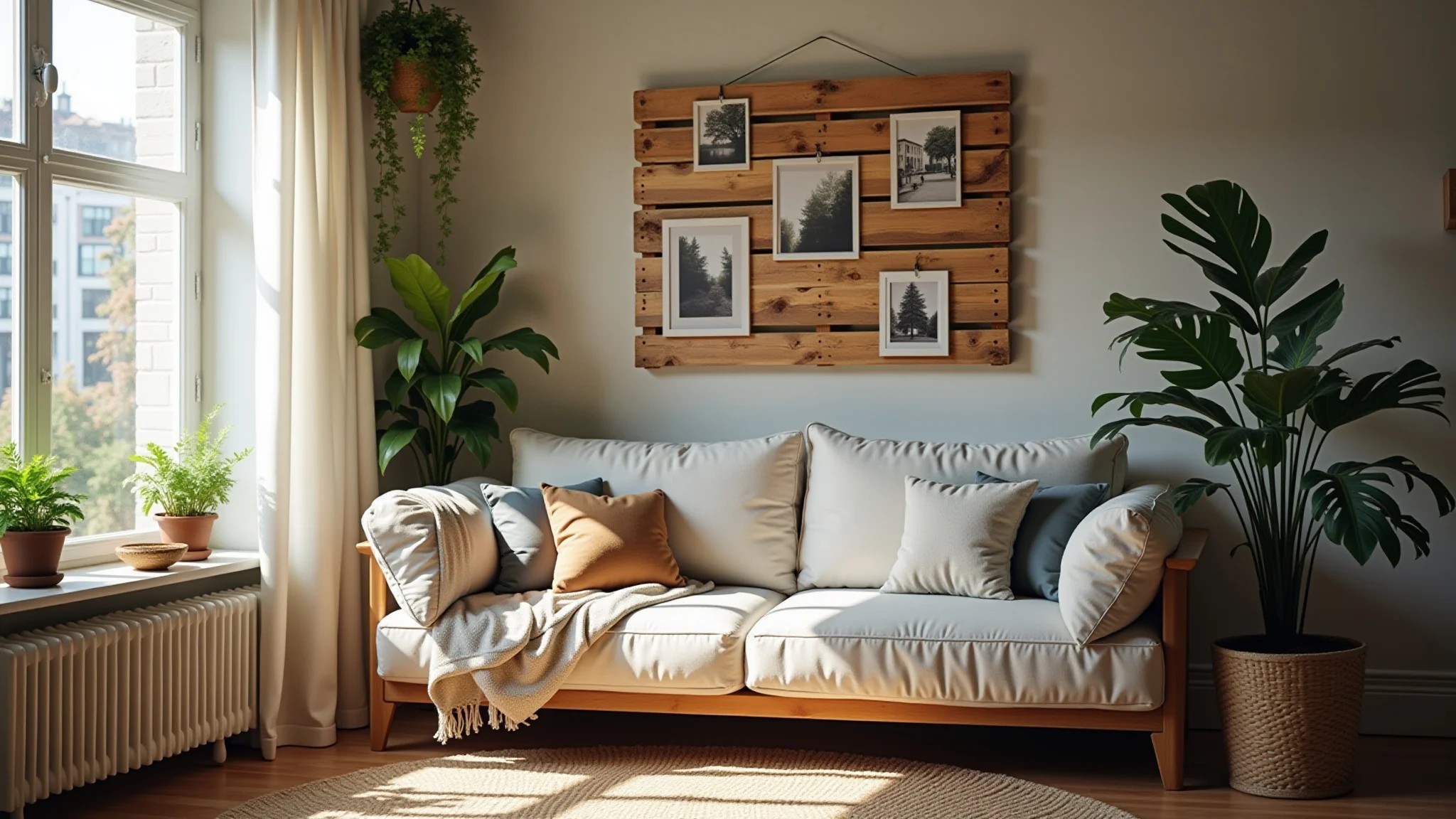Painel de paletes decorado com fotos e plantas em ambiente aconchegante.