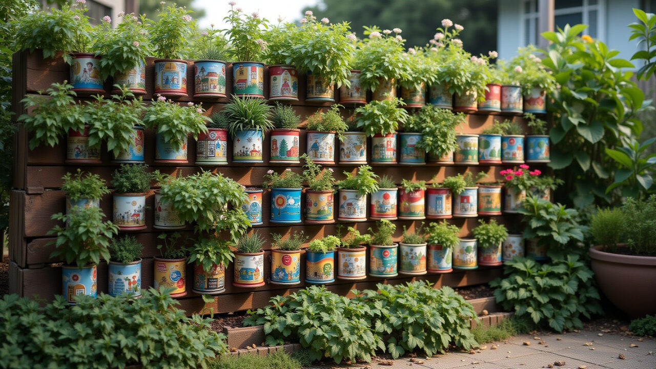 Jardim vertical criativo com materiais reciclados em apartamento.