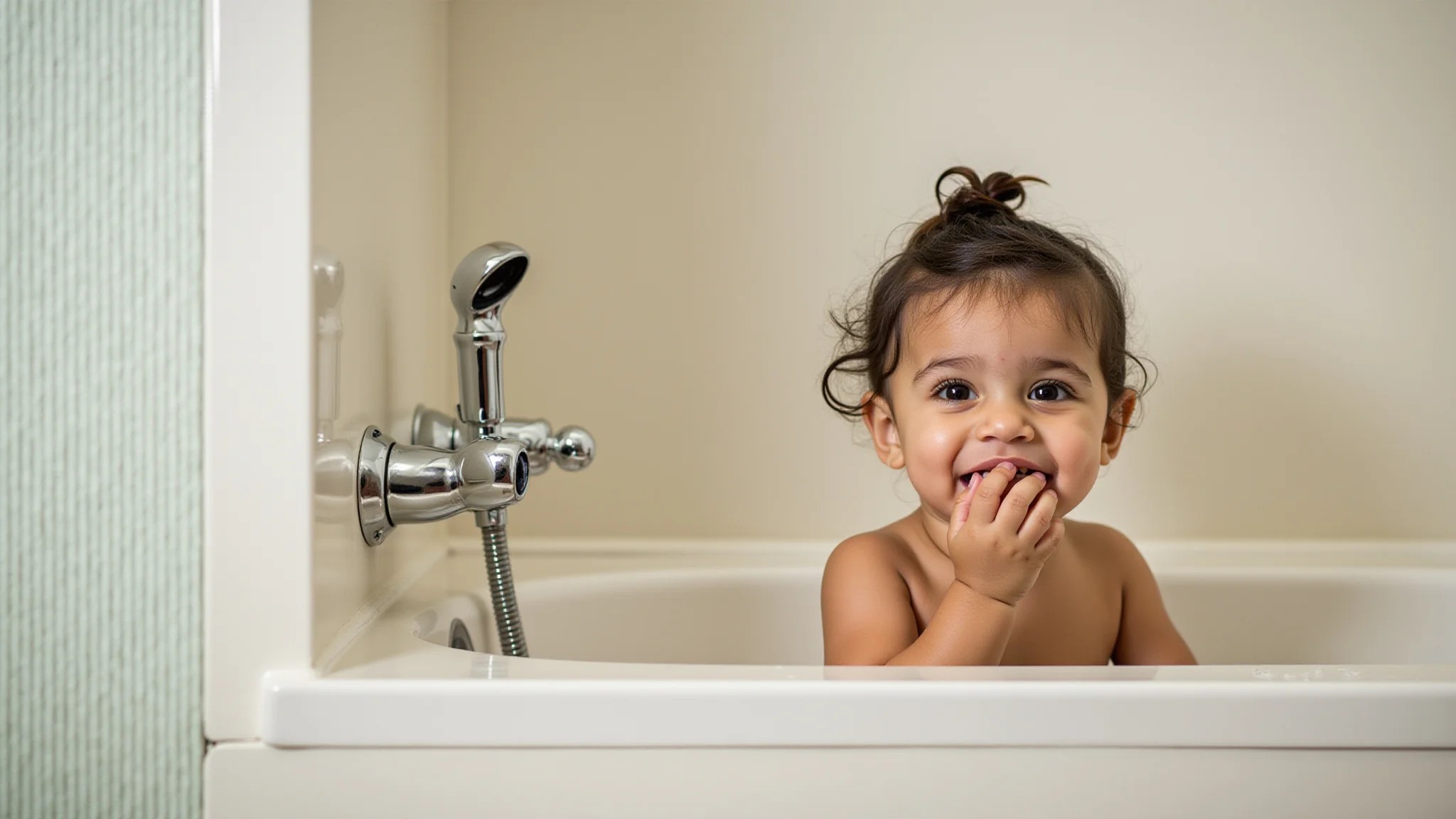 Criança tomando banho em um banheiro infantil seguro e divertido.