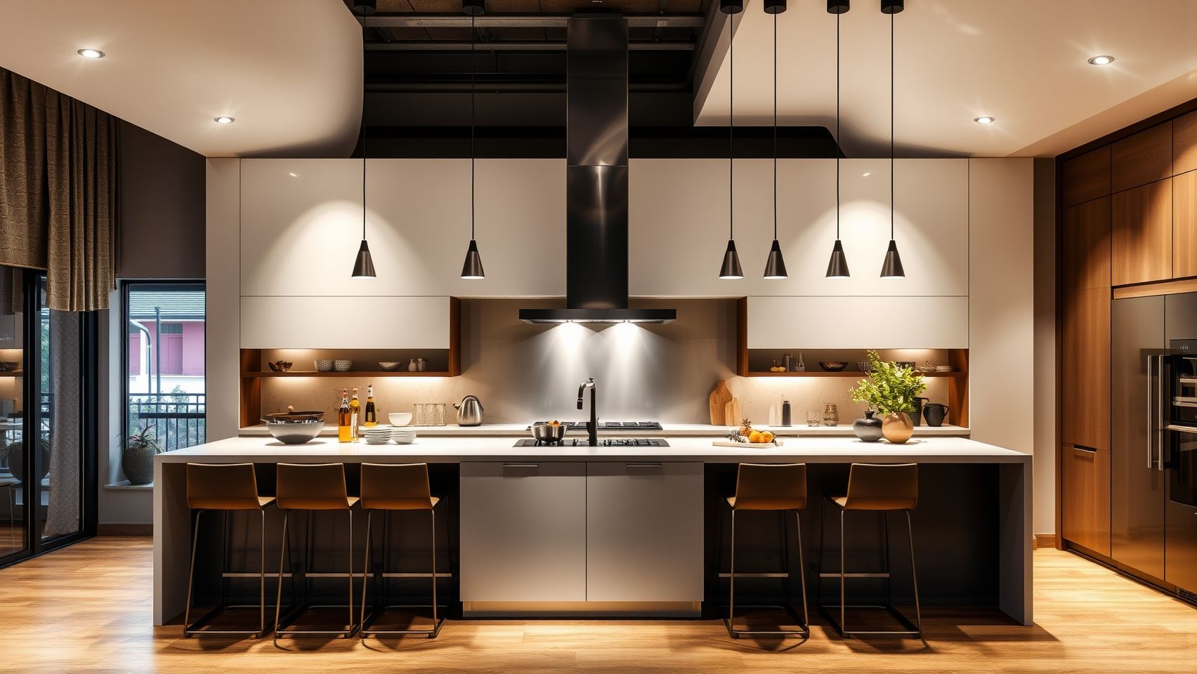 Cozinha com ilha central e sanca de gesso com pendentes. Design moderno e iluminação funcional.