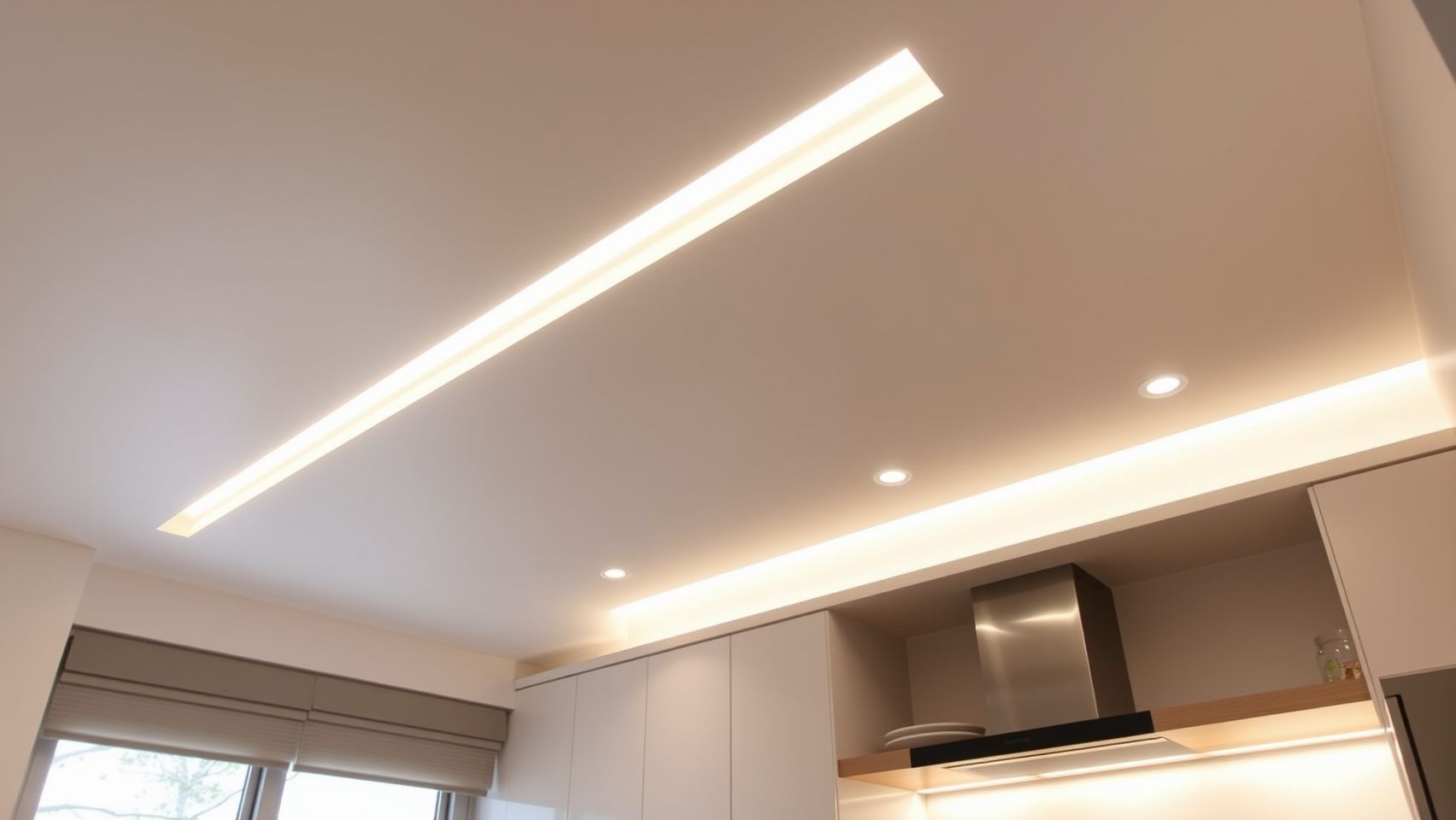 Cozinha pequena com sanca de gesso minimalista e armários claros. Otimização de espaço e iluminação.