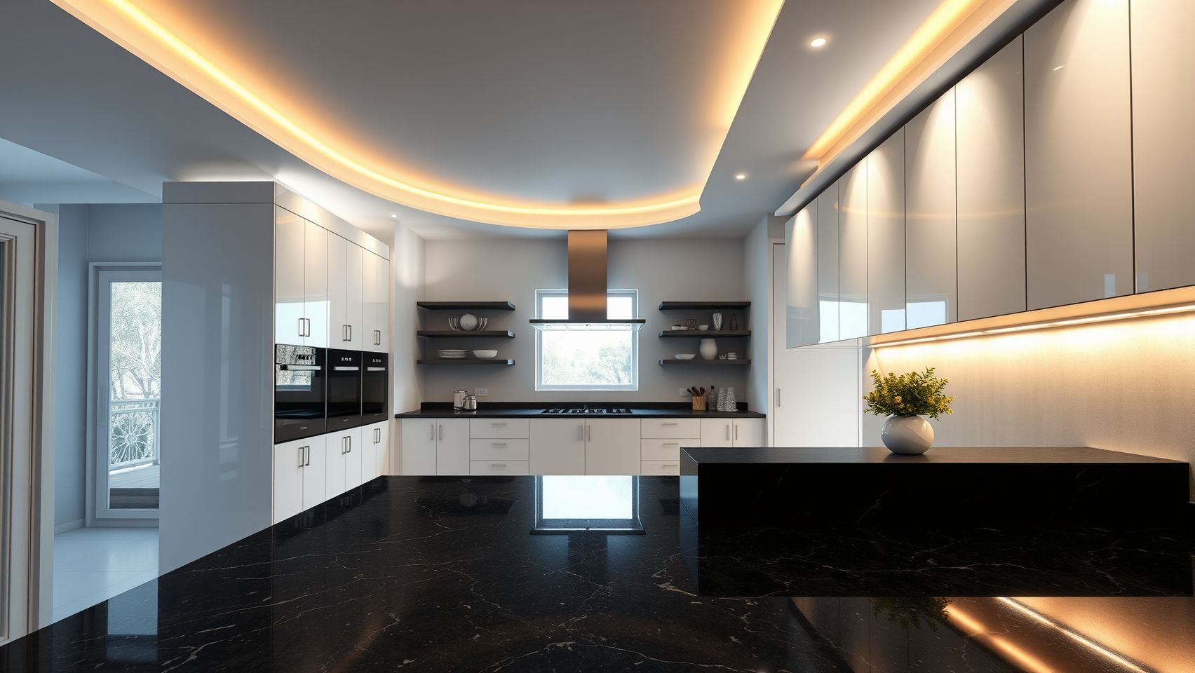 Cozinha moderna com sanca de gesso iluminada e armários brancos. Iluminação indireta valoriza o ambiente.