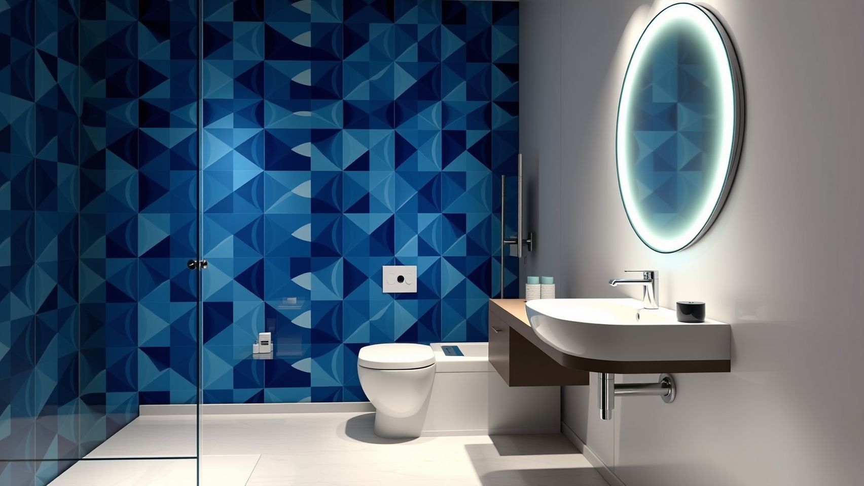 Banheiro moderno com papel de parede vinílico geométrico azul e branco, pia branca e decoração minimalista. Destaque para a beleza e praticidade do papel de parede lavável.
