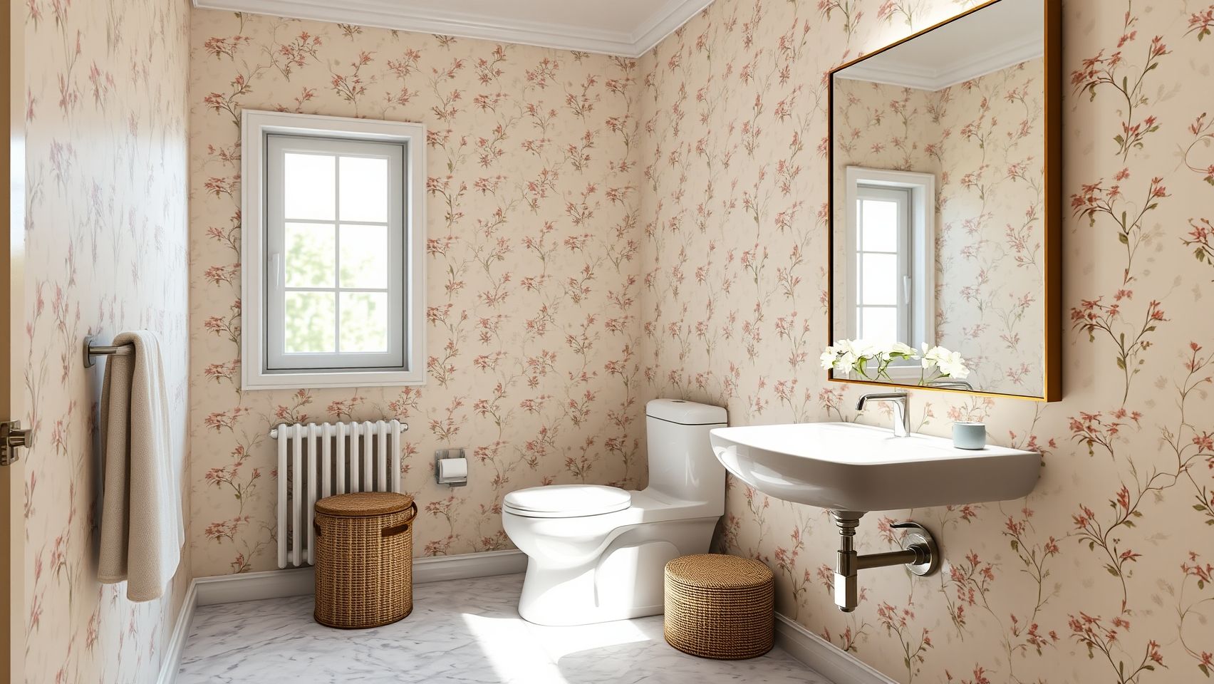 Banheiro pequeno decorado com papel de parede floral claro, espelho grande e iluminação otimizada. Dicas para ampliar e decorar banheiros pequenos com papel de parede lavável.