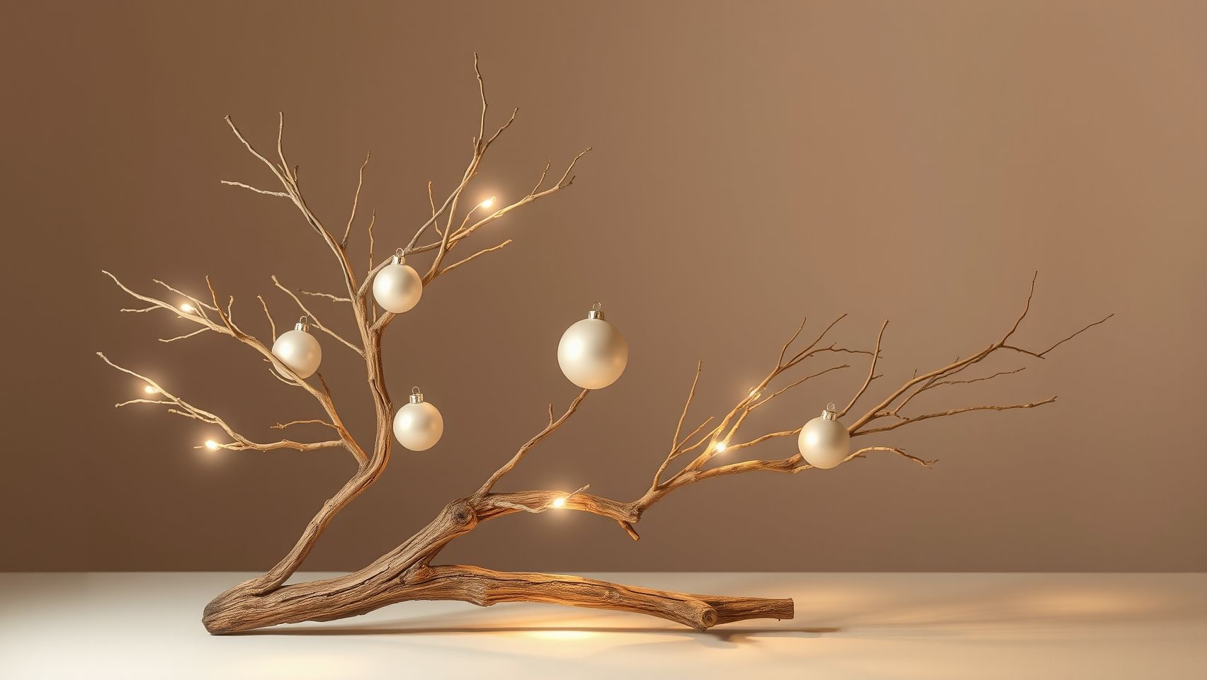 Árvore de Natal minimalista com galho seco, luzes e enfeites neutros. Decoração de Natal elegante e aconchegante.