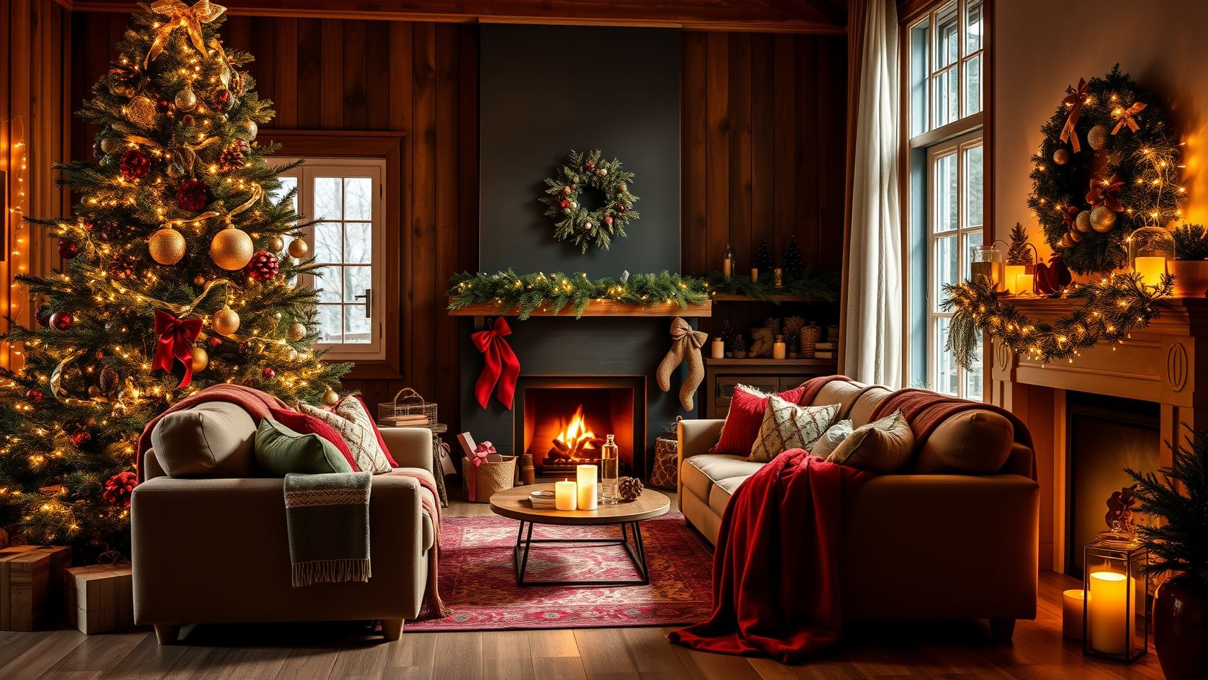 Sala de estar decorada para o Natal 2024 com árvore artesanal, lareira e família reunida. Tendências de decoração natalina.