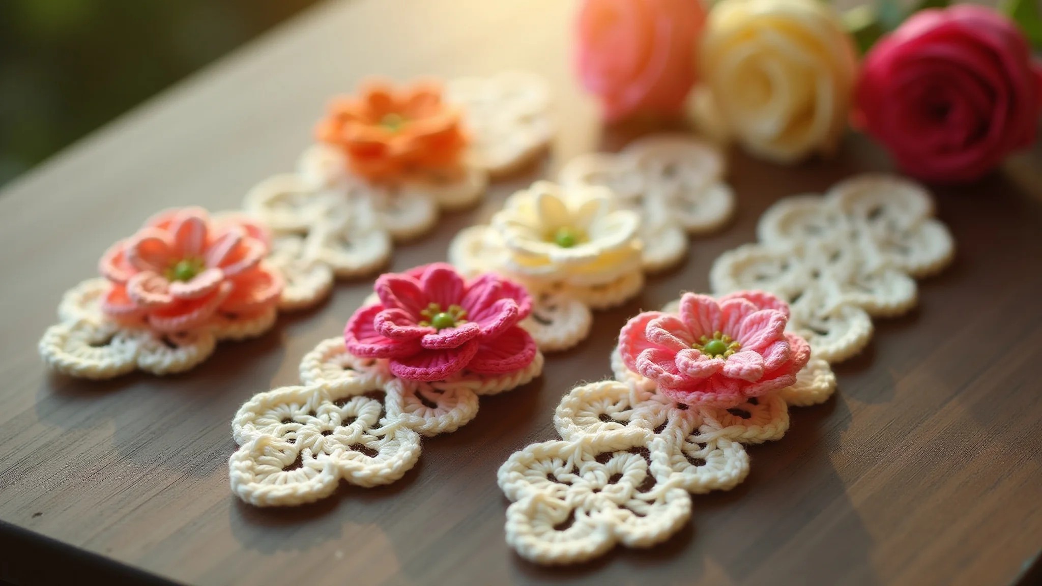 Marcadores de crochê delicados com aplicações de flores coloridas.