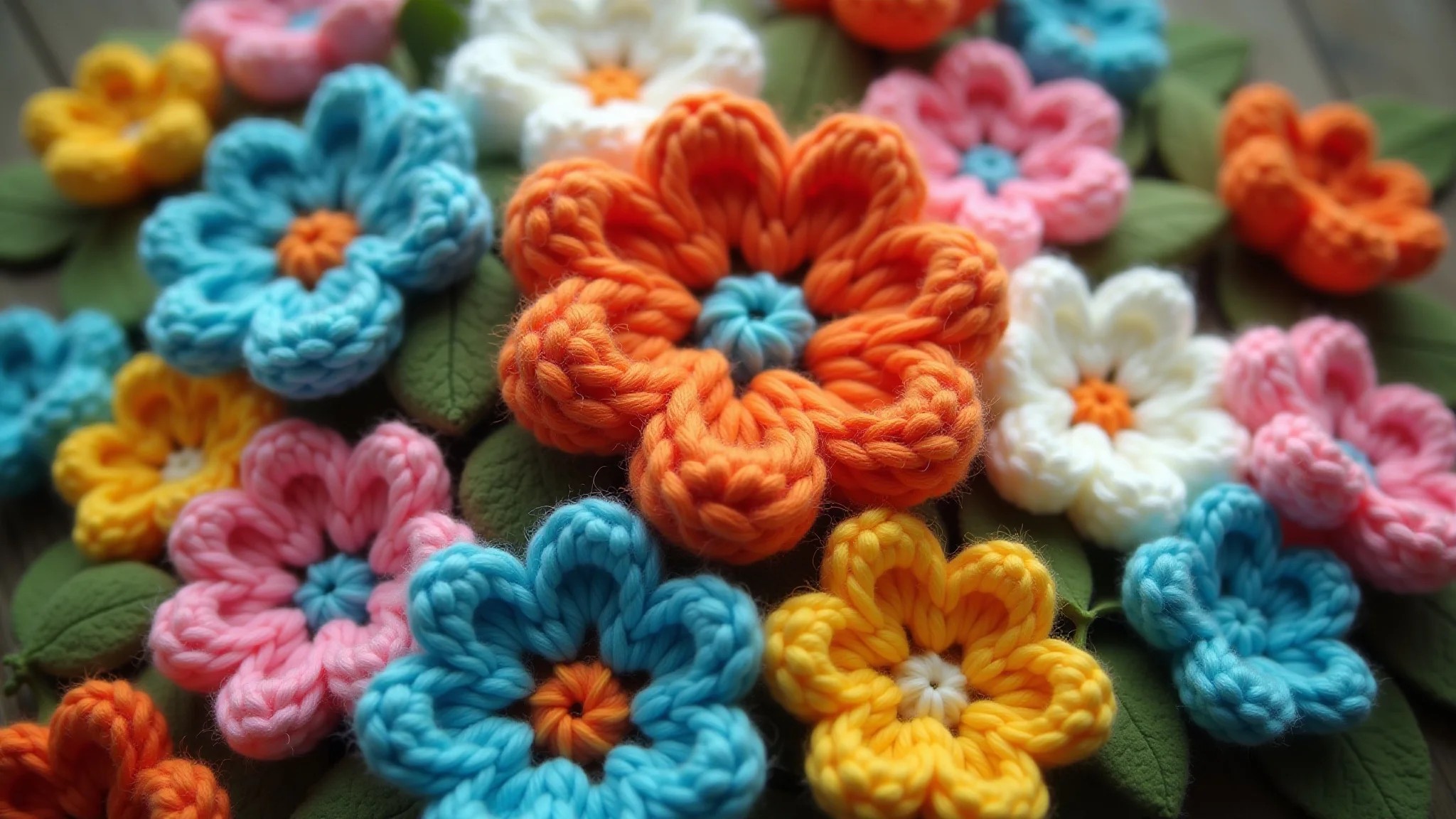 Flores de crochê com efeito 3D, ponto pipoca, cores vibrantes.