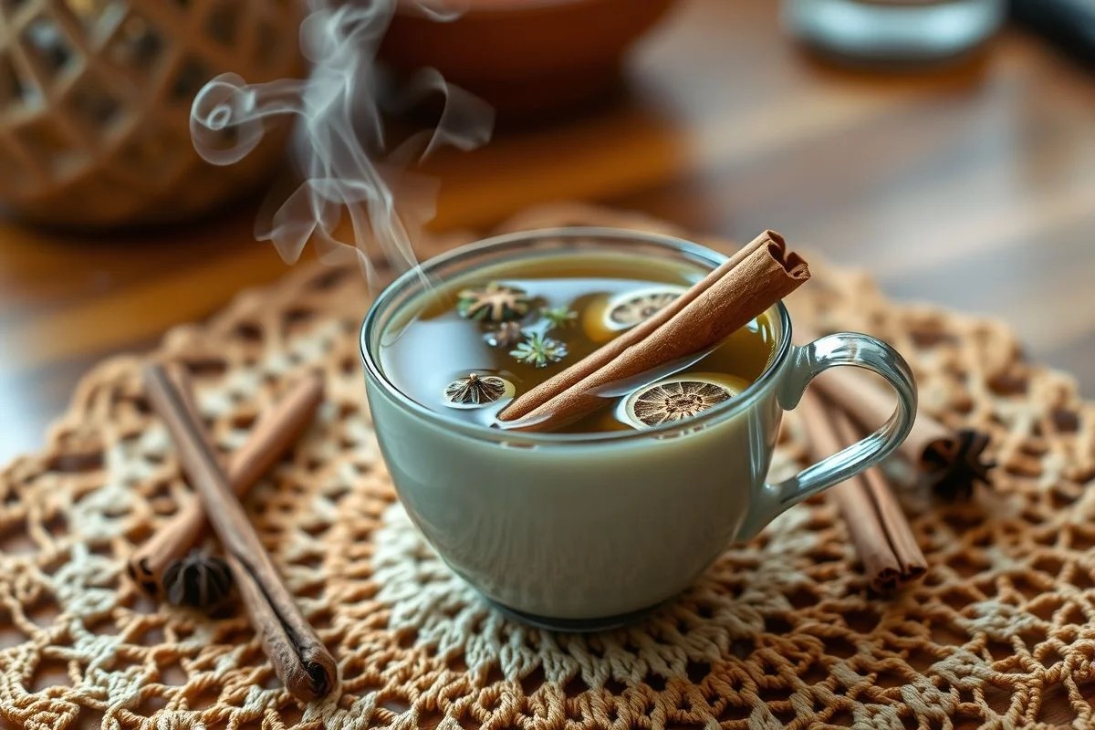 Xícara de chá de orégano, canela e cravo fumegante sobre toalha de crochê.