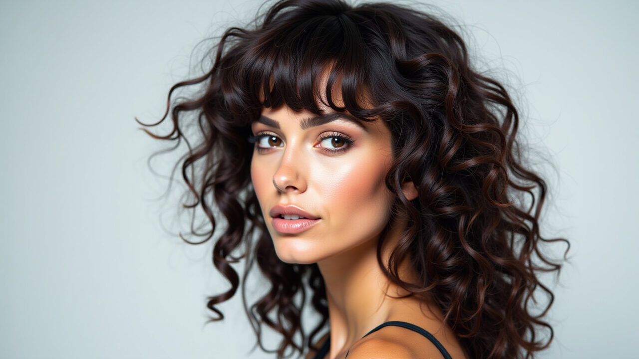 Corte com franja para cabelo cacheado estiloso.
