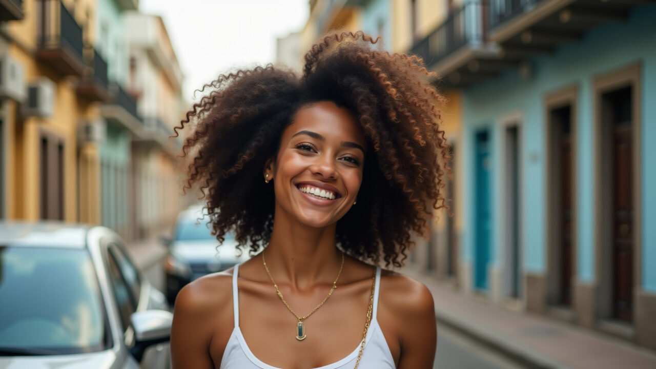 Mulher feliz com shaggy hair cacheado.