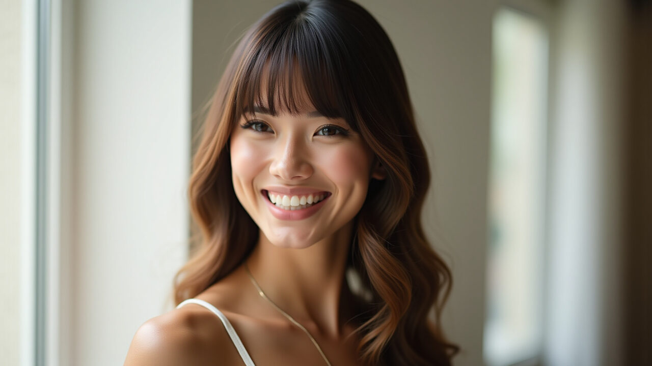 Franja cortina em cabelo liso.