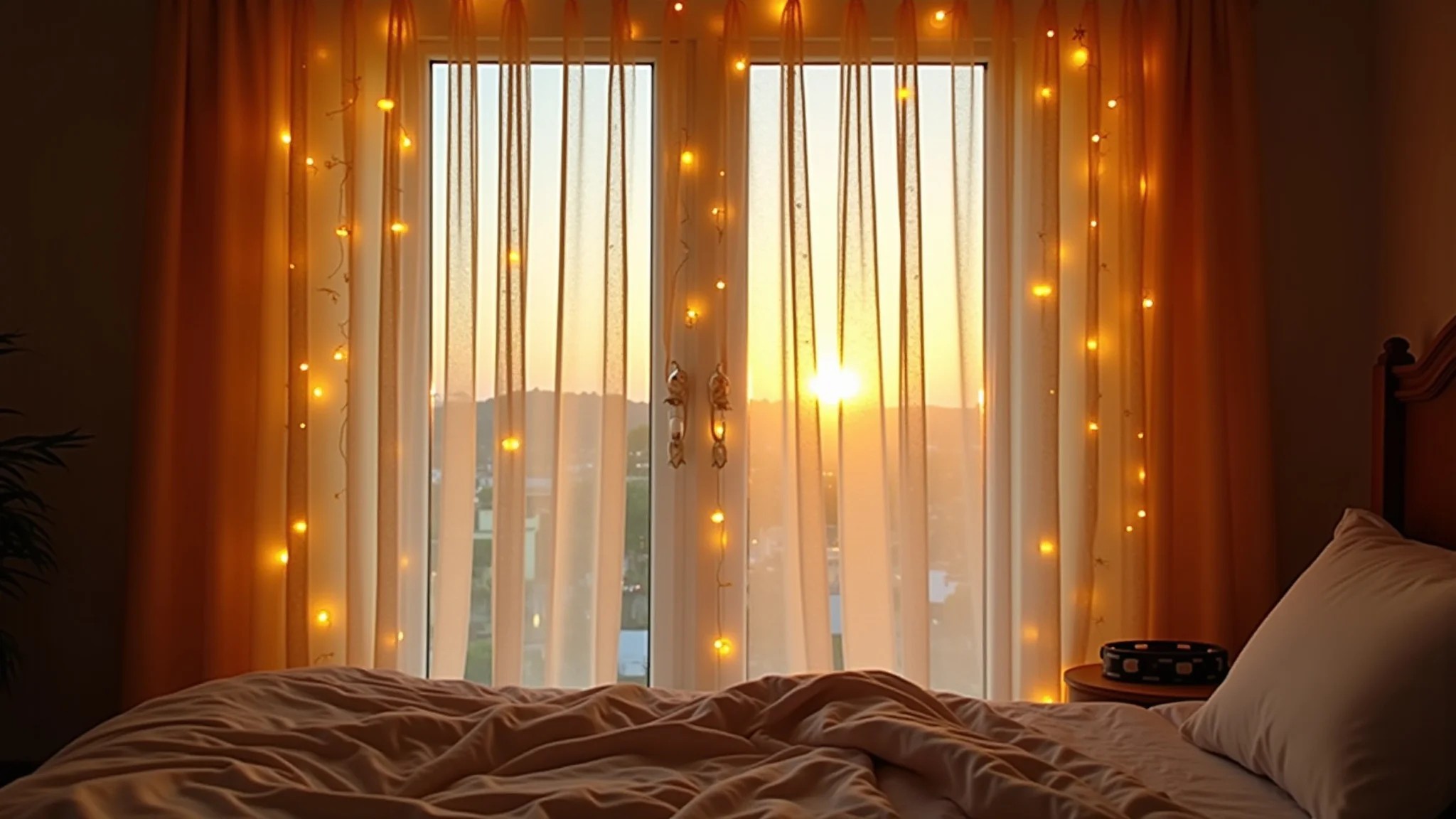 Cortinas decoradas com pisca pisca em cascata, luz suave da hora dourada.