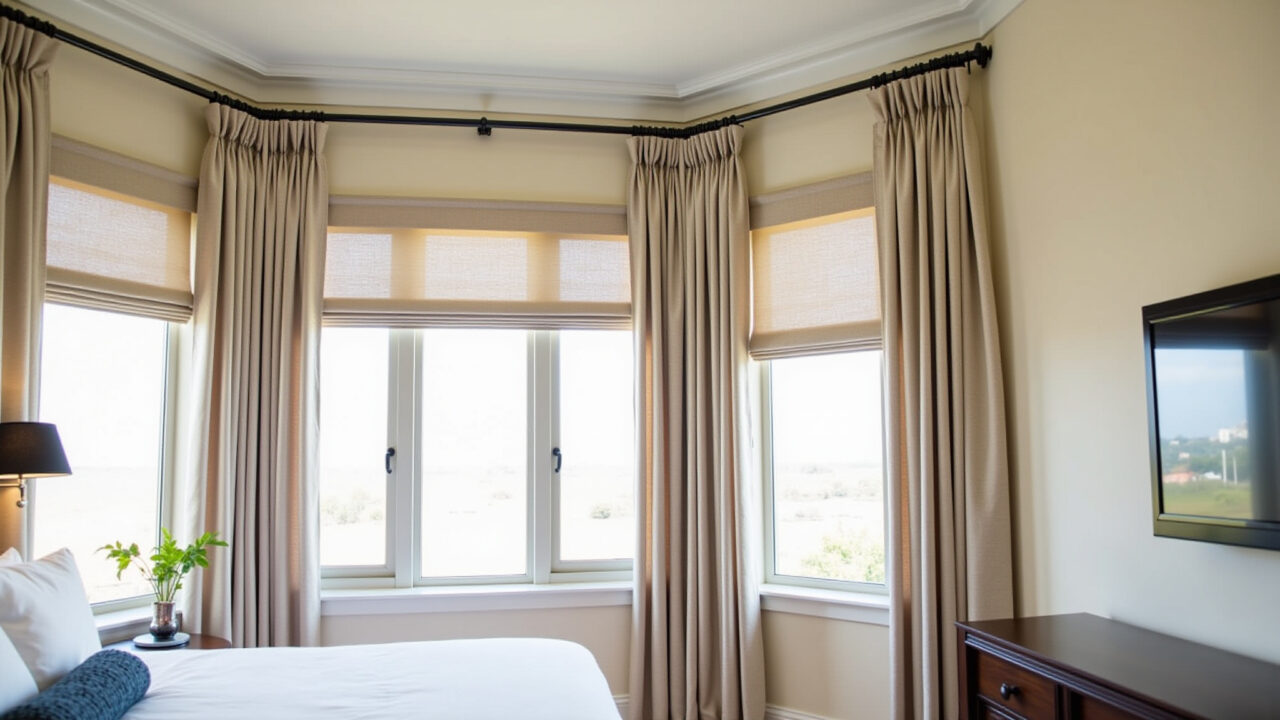 Cortinas e persianas controlando a luz no quarto.