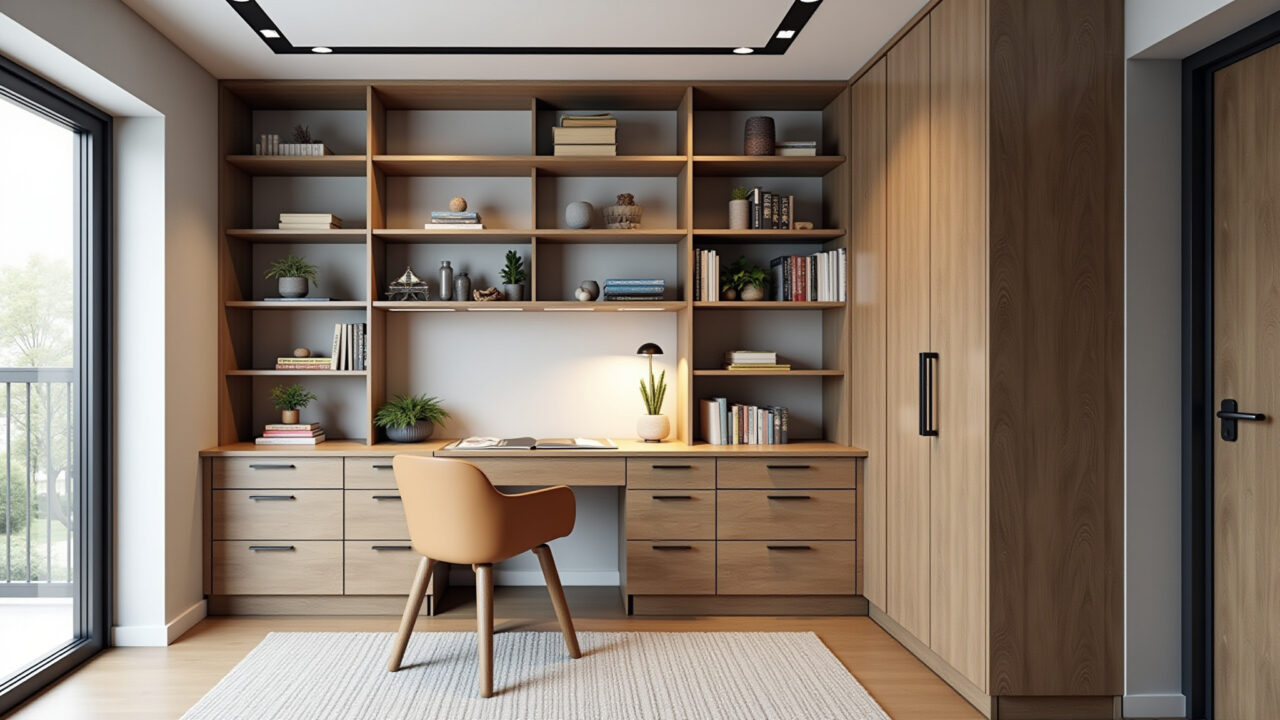 Home office pequeno com móveis planejados sob medida.