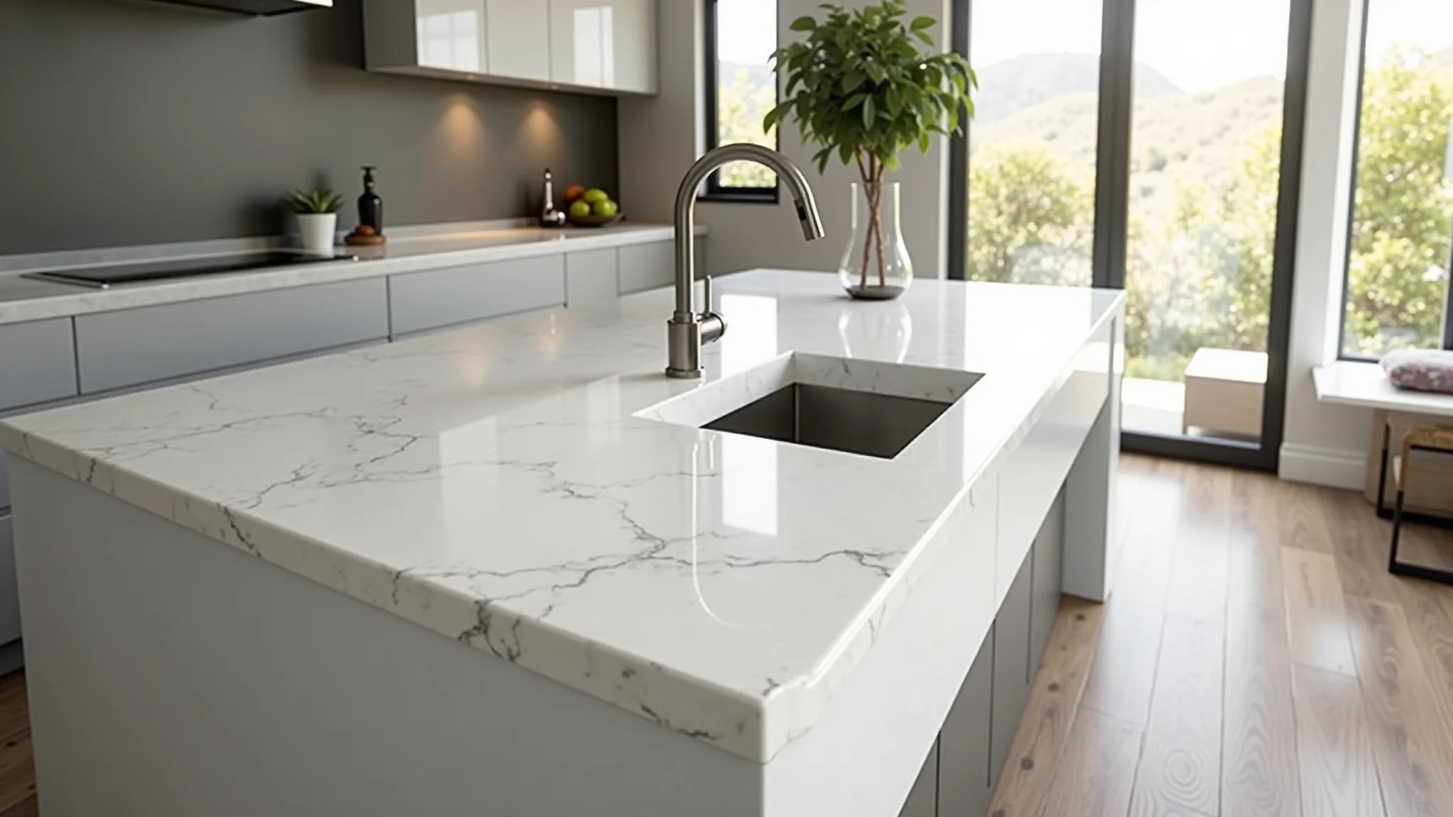 Bancada de porcelanato sob medida em cozinha espaçosa com design brasileiro.
