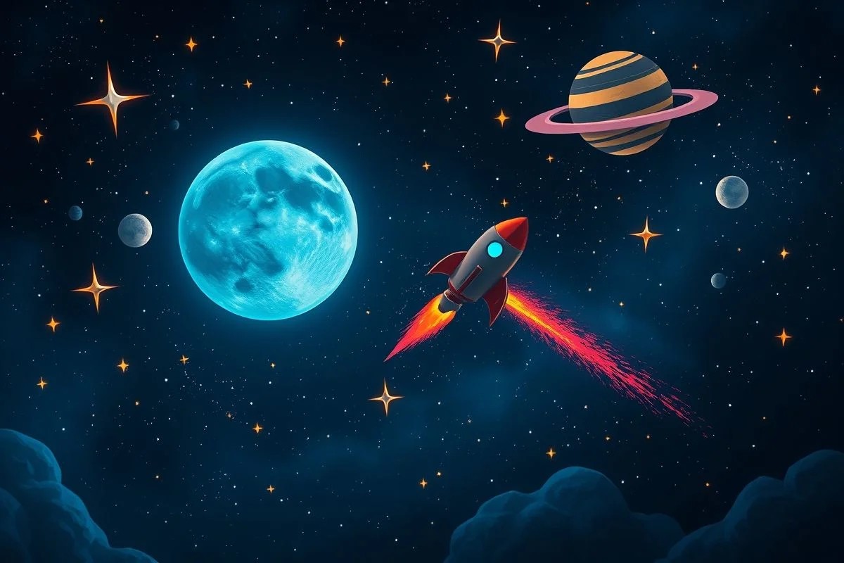 Papel de parede azul escuro com estrelas, planetas e foguetes brilhantes, tema espacial.