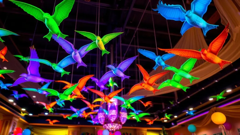 Decoração Aérea Criativa: Pterodáctilos Planando no Salão da Festa