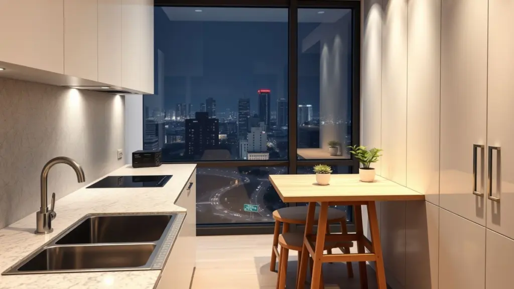 Decoração Cozinha Pequena com Bancada de Granito Integrada