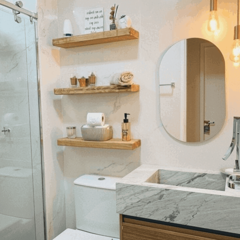 Decorção De Banheiro Com Prateleira: 68 Ideias Lindas para Inspirar!
