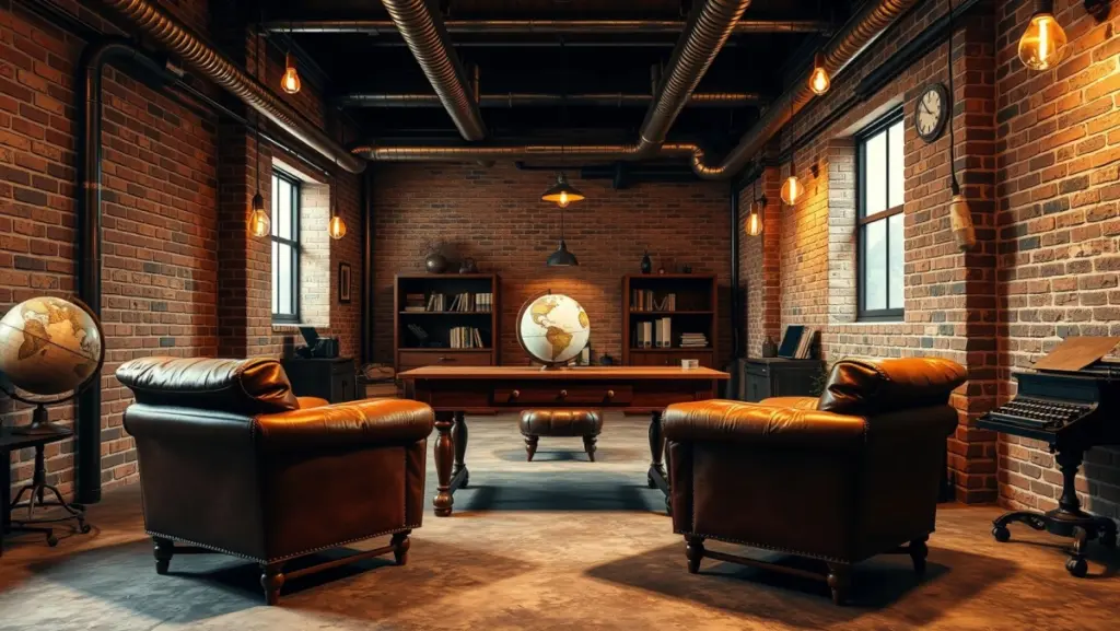 Decoração de Escritório Industrial: Eletrodutos Cobre e Detalhes Vintage