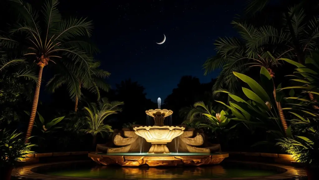 Decoração de Jardim com Fontes e Iluminação Noturna