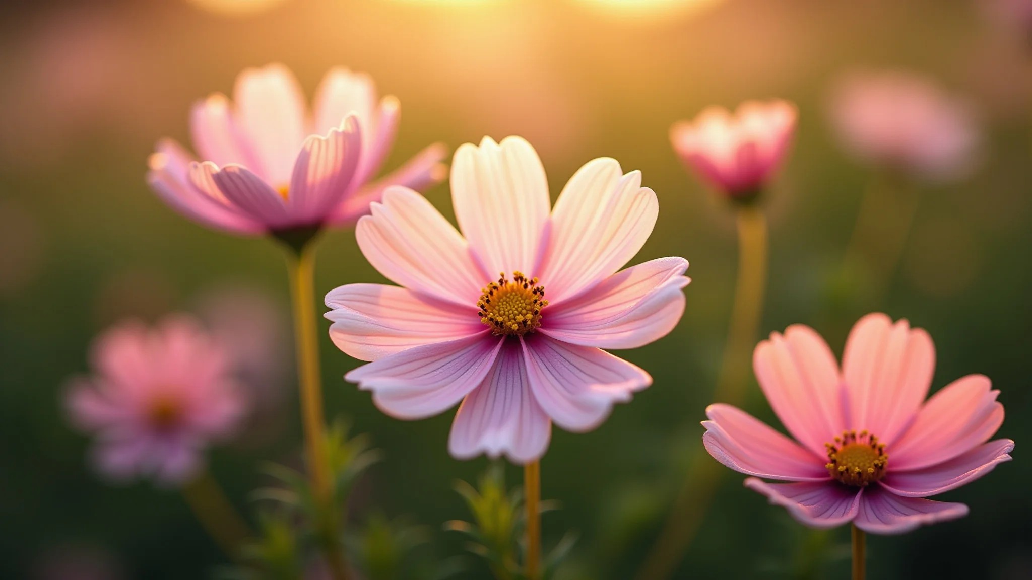 Flores de cosmos delicadas em um jardim de verão sob a luz suave do entardecer.