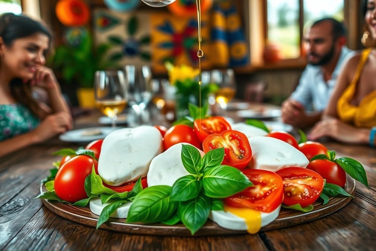 Salada Caprese com corações de tomate, mussarela e manjericão.