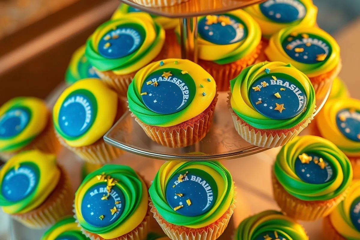 Cupcakes decorados com as cores da bandeira do Brasil para o 7 de Setembro.