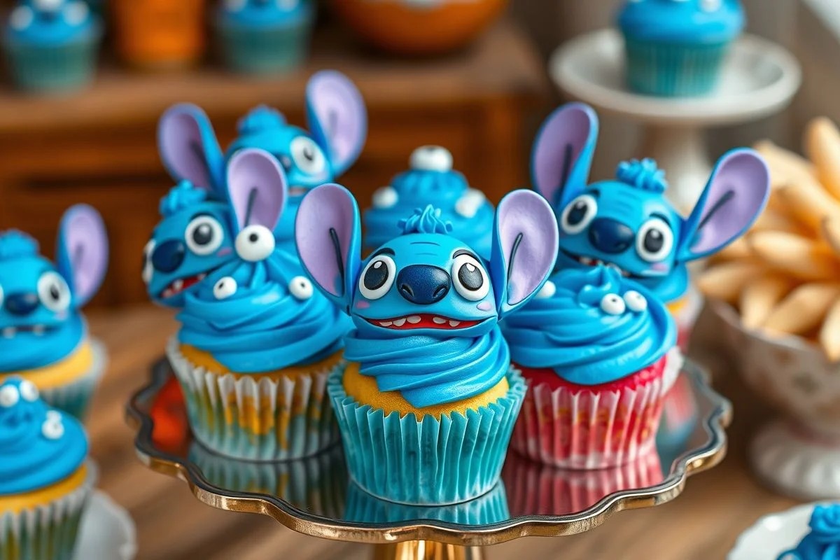 Cupcakes temáticos do Stitch com cobertura azul e detalhes comestíveis, sobremesa criativa em festa no Brasil.