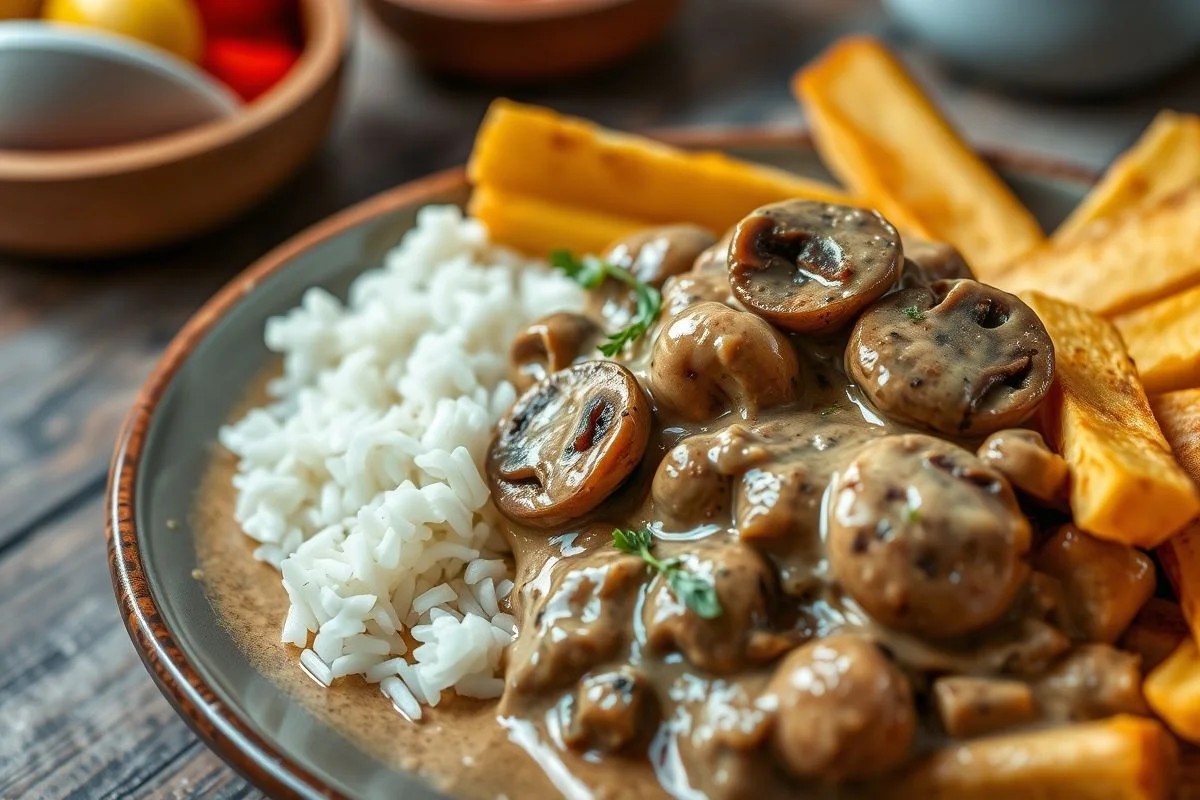 Strogonoff de champignon servido com arroz e batata palha.