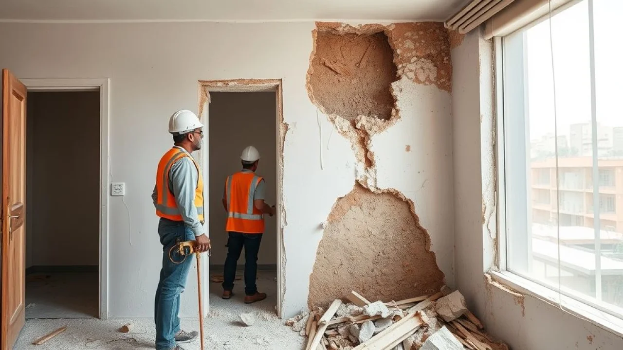 Demolição de parede em apartamento brasileiro. Operário com equipamento de segurança, poeira e entulho.