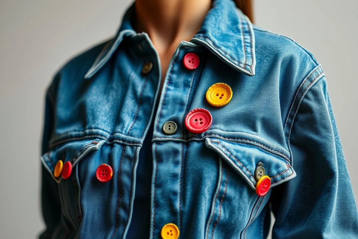 Jaqueta jeans customizada com botões coloridos na gola e bolsos.