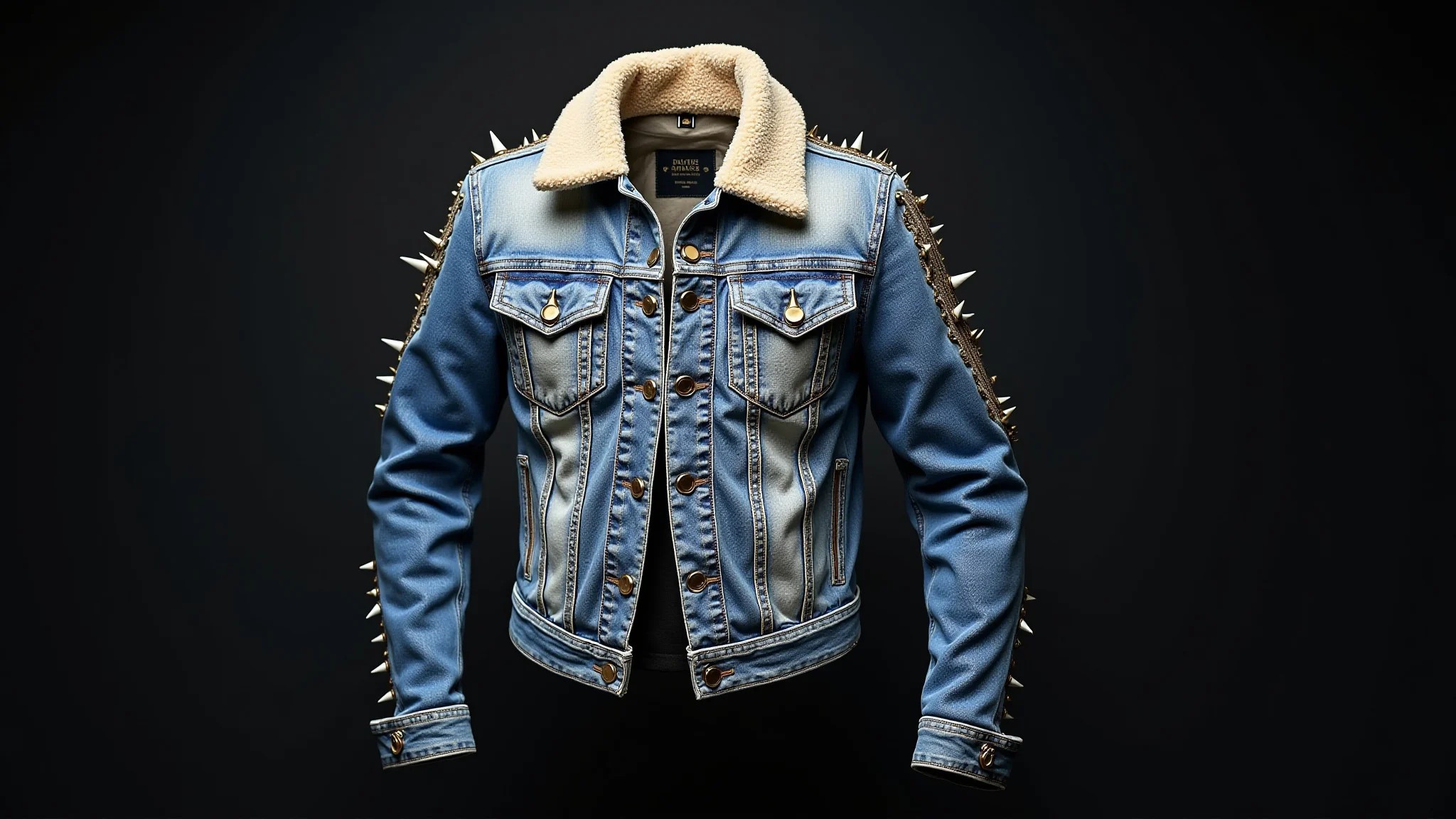 Jaqueta jeans customizada com tachinhas e spikes em estilo rock and roll.