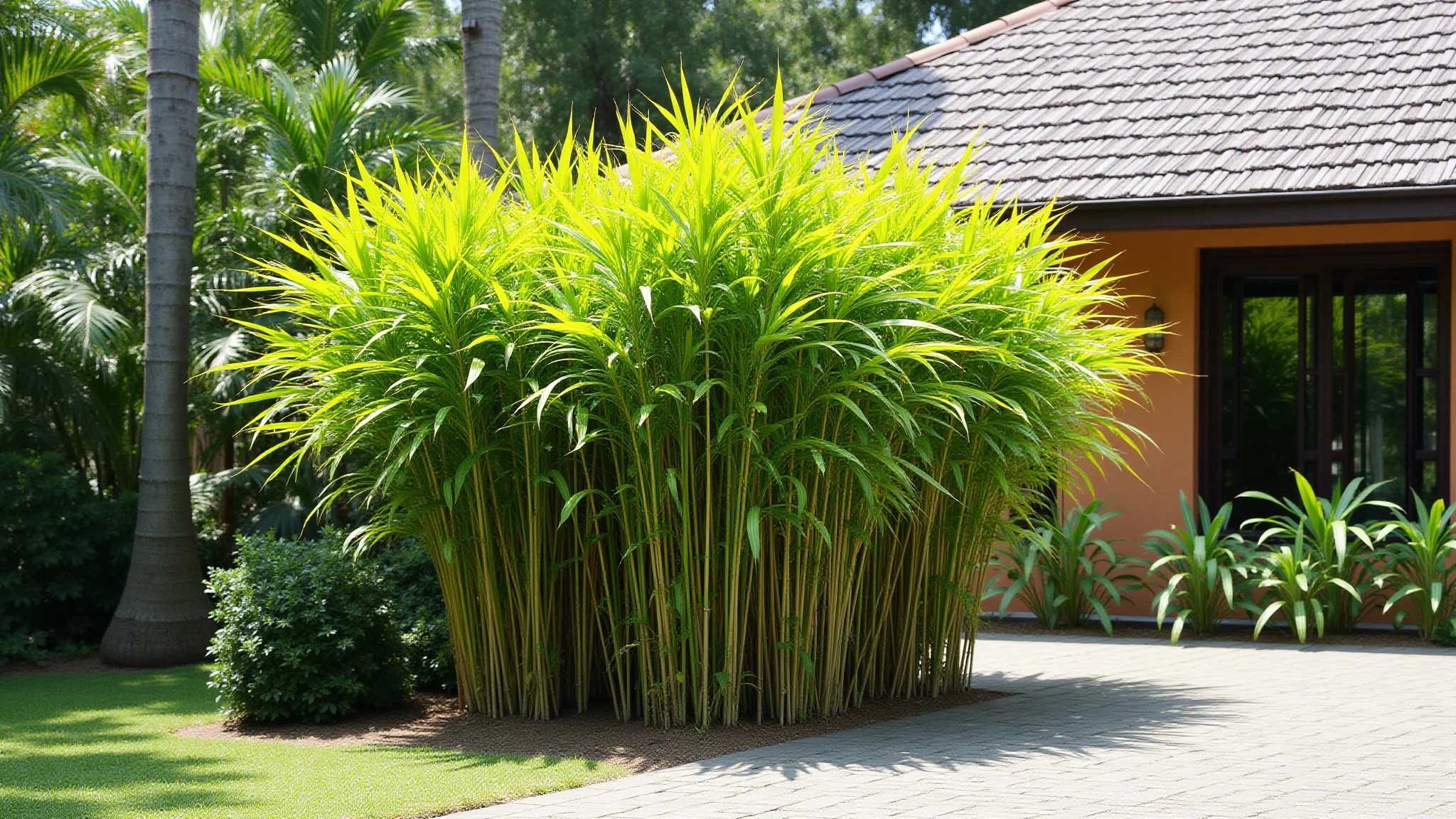 Cerca viva densa de Bambusa Vulgaris em jardim tropical com casa moderna.
