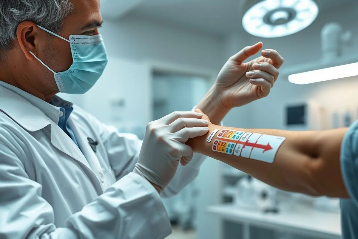 Dermatologista realizando teste de alergia para identificar causa da reação.
